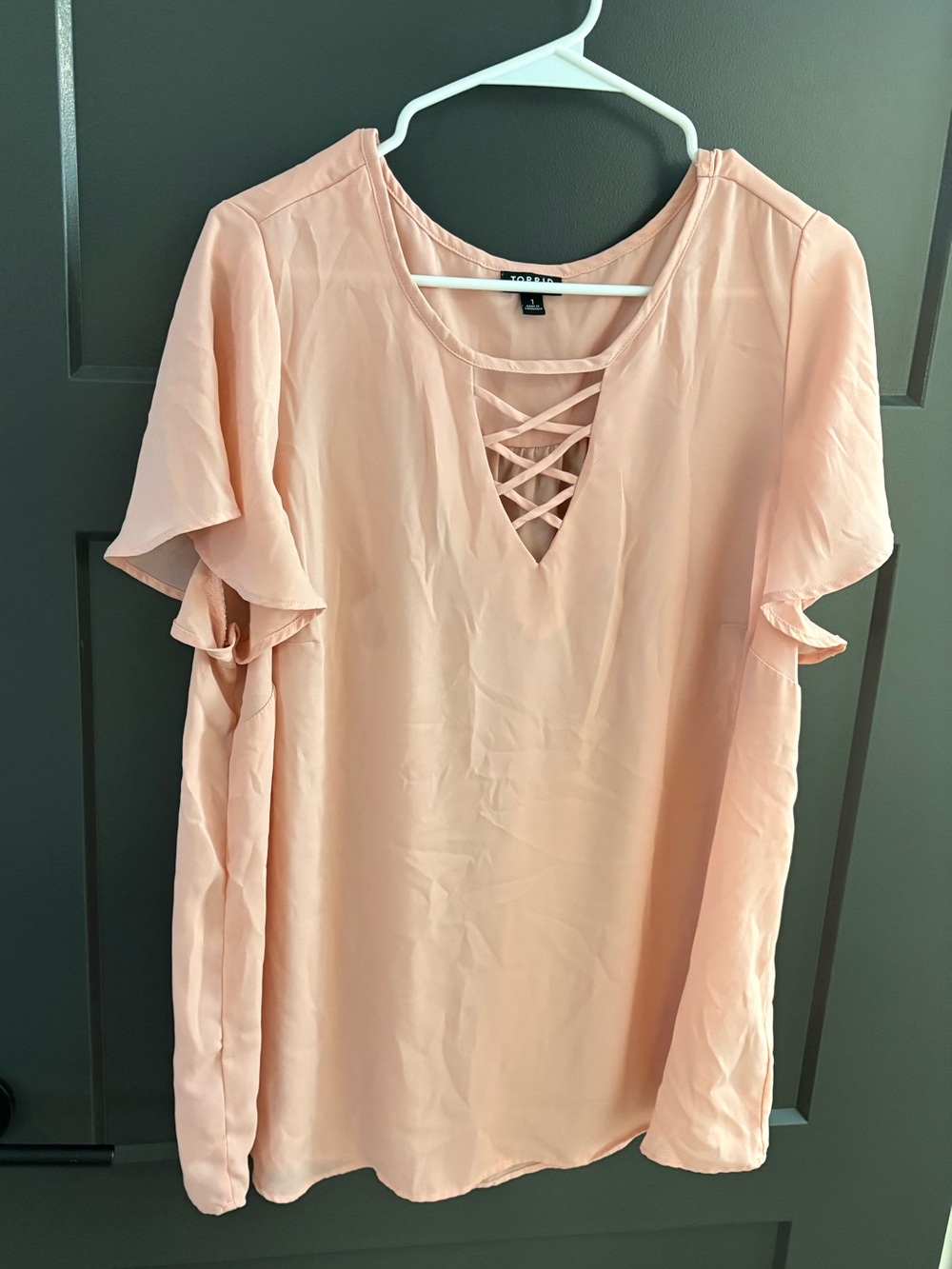 torrid Peach Crisscross V-Neck Ruffle Sleeve Blouse